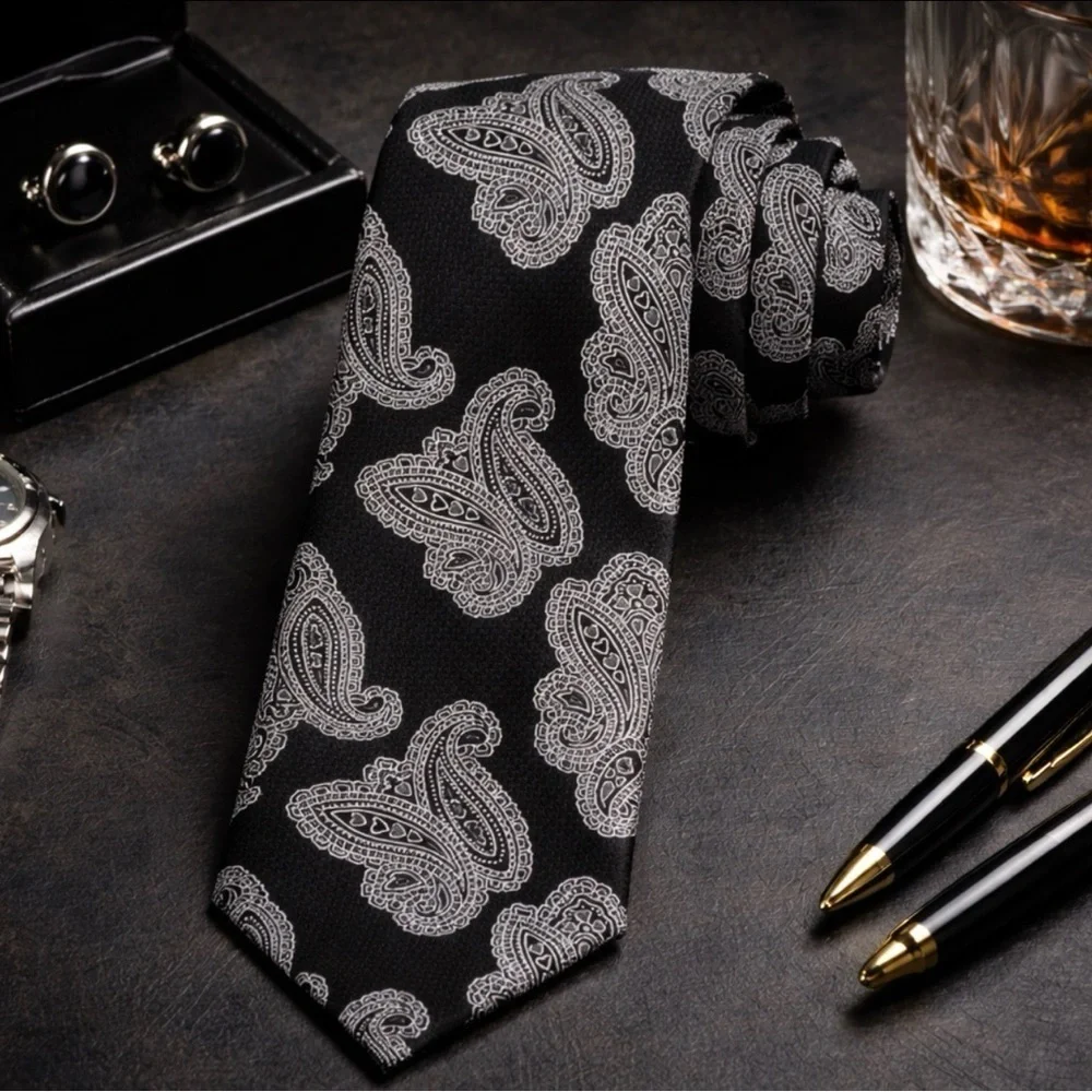 NWOT Ivy Crew Dress Shirt Tie Paisley Black White Length 58